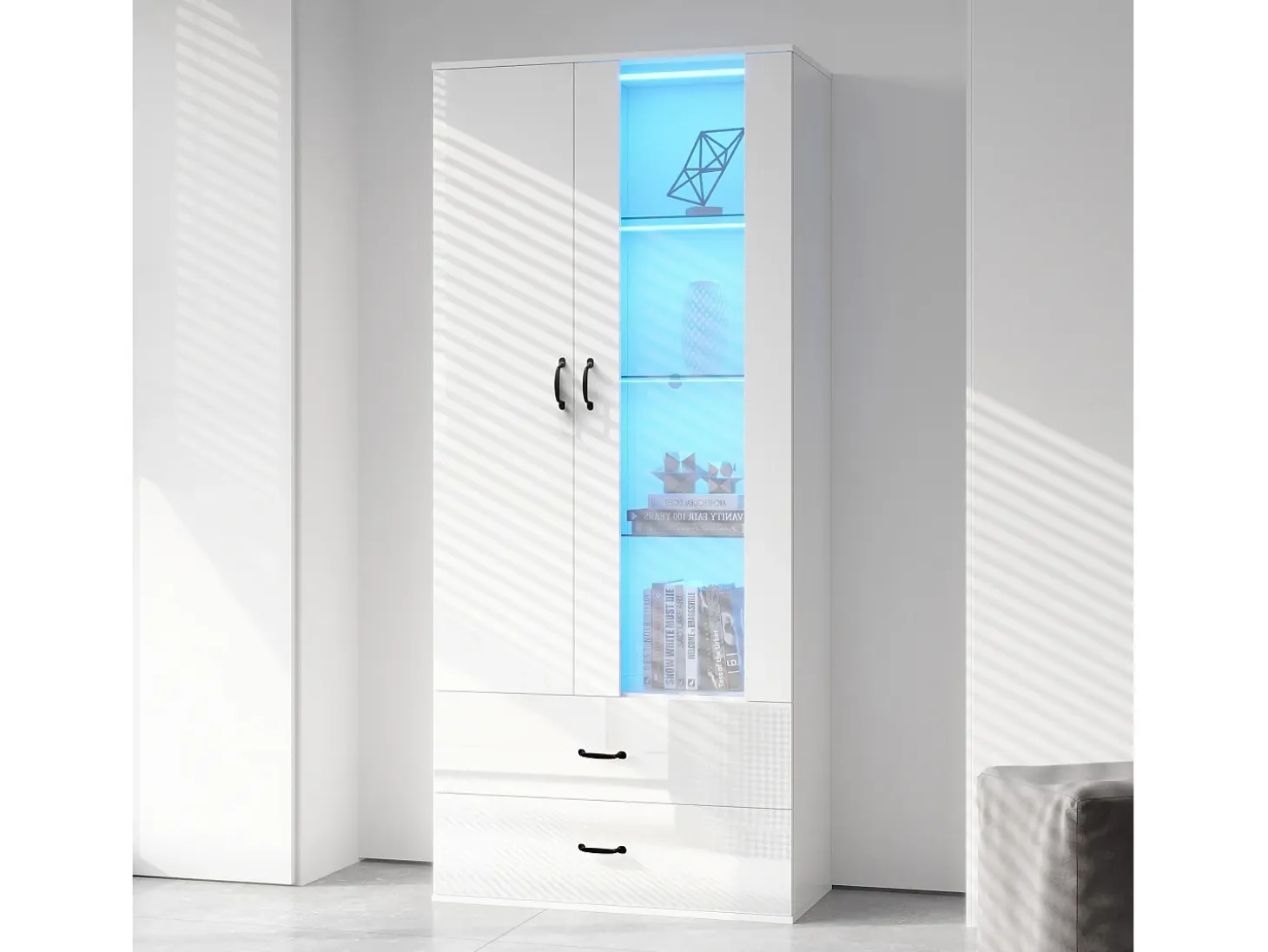 Vitrina con 16 luces LED de colores, 2 cajones y 2 puertas, blanca.