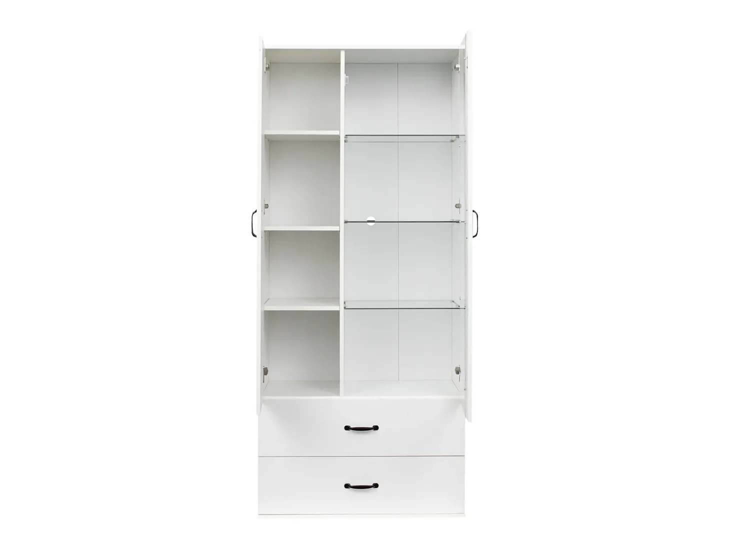 Vitrina con 16 luces LED de colores, 2 cajones y 2 puertas, blanca.