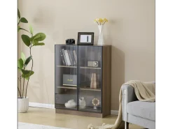 Vitrina con 2 puertas de cristal - 80 x 32 x 106 cm - con estantes de 3 niveles + LED - aglomerado + cristal - Nogal