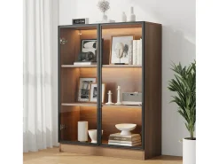 Vitrina con 2 puertas de cristal - 80 x 32 x 106 cm - con estantes de 3 niveles + LED - aglomerado + cristal - Nogal