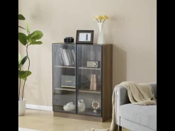 Vitrina con 2 puertas de cristal - 80 x 32 x 106 cm - con estantes de 3 niveles + LED - aglomerado + cristal - Nogal