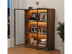 Vitrina con 2 puertas de cristal - 80 x 32 x 106 cm - con estantes de 3 niveles + LED - aglomerado + cristal - Nogal