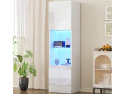 Vitrina con 2 puertas y 1 estante de cristal - 45 x 35 x 160 cm - LEDs - Tablero de partículas - Blanco brillo
