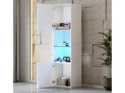 Vitrina con 2 puertas y 1 estante de cristal - 45 x 35 x 160 cm - LEDs - Tablero de partículas - Blanco brillo