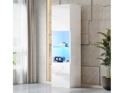 Vitrina con 2 puertas y 1 estante de cristal - 45 x 35 x 160 cm - LEDs - Tablero de partículas - Blanco brillo