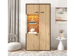 Vitrina con 3 puertas y 2 estantes - LEDs - tableros de partículas y cristal - altura 150cm - color roble
