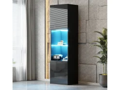 Vitrina con 2 puertas y 1 estante de cristal - 45 x 35 x 160 cm - LEDs - Tablero de partículas - Negro brillo