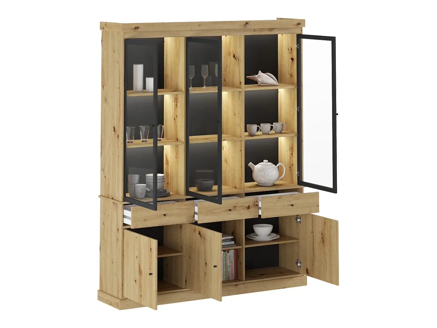 Vitrina con almacenamiento y LEDs - Natural y negro - MARSORIA
