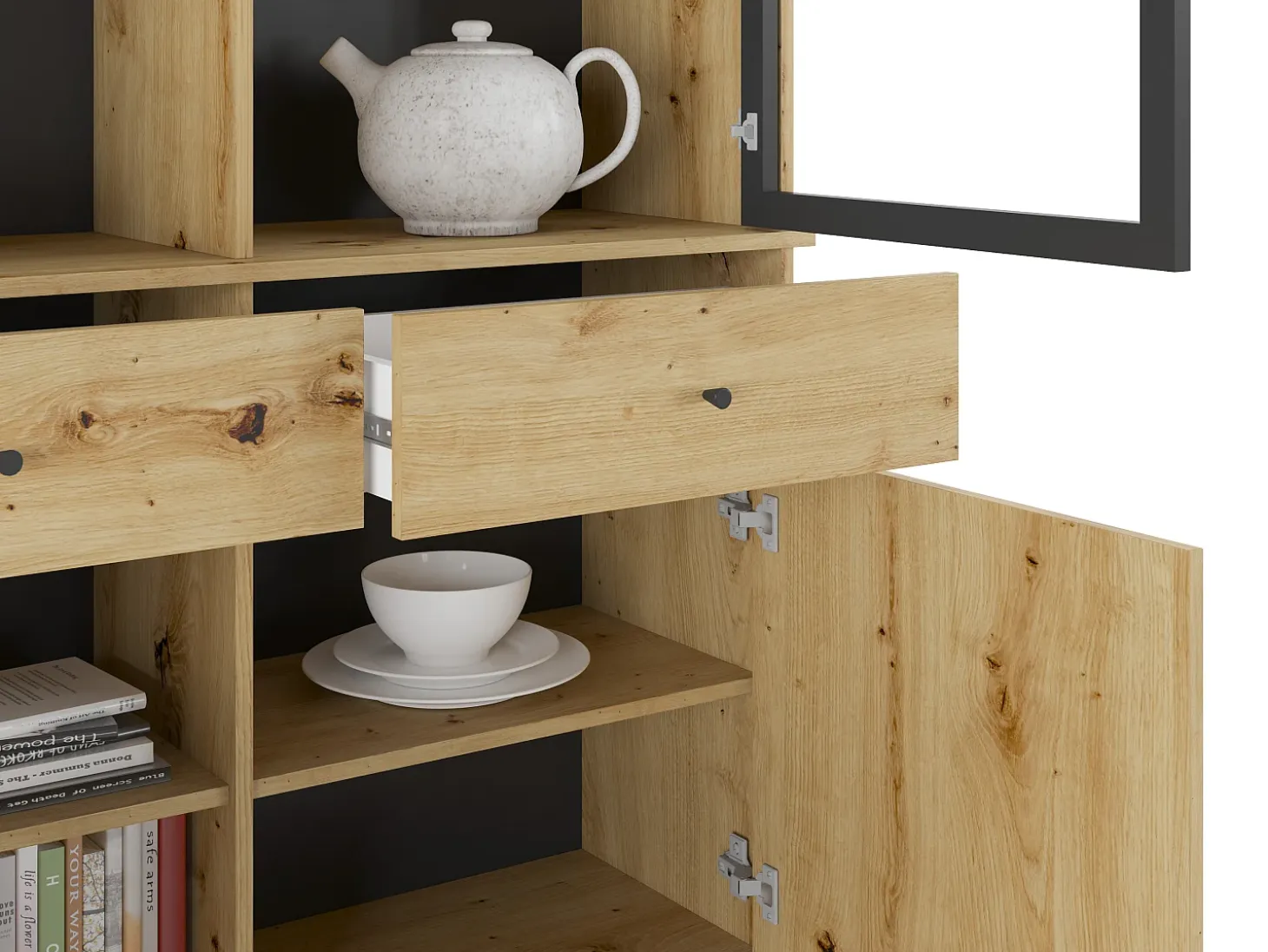 Vitrina con almacenamiento y LEDs - Natural y negro - MARSORIA