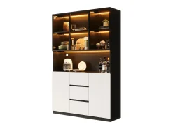 Vitrina con iluminación LED - 120×40×200 cm - 3 cajones y 5 puertas - Estantes abiertos - MDF + vidrio - Blanco+negro