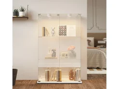 Vitrina con iluminación LED, autoportante, con cerradura, 2 puertas y 3 estantes, color blanco, 123,3 x 78,5 x 35 cm