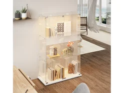 Vitrina con iluminación LED, autoportante, con cerradura, 2 puertas y 3 estantes, color blanco, 123,3 x 78,5 x 35 cm