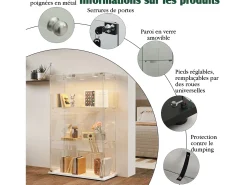 Vitrina con iluminación LED, autoportante, con cerradura, 2 puertas y 3 estantes, color blanco, 123,3 x 78,5 x 35 cm
