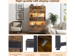 Vitrina con iluminación LED, vitrina independiente, armario de 2 cajones, con panel acrílico, 80x40x138 cm, marrón