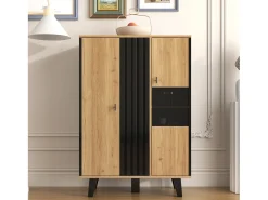 Vitrina con LED, 2 puertas de cristal, diseño moderno, madera y negro, tablero de partículas (80x40x120 cm)