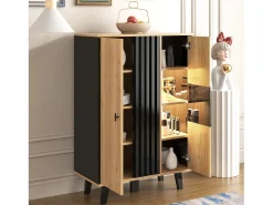 Vitrina con LED, 2 puertas de cristal, diseño moderno, madera y negro, tablero de partículas (80x40x120 cm)