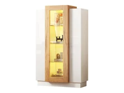 Vitrina con LED, 3 puertas, estantes regulables, blanca y madera (74x40x120 cm)