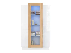 Vitrina con LED, 3 puertas, estantes regulables, blanca y madera (74x40x120 cm)