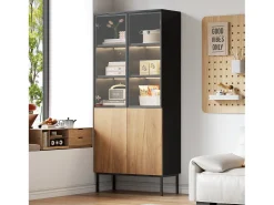 Vitrina con puertas de cristal, 180 cm, con LED, estantes regulables, MDF, negro y roble (74x31x180 cm)