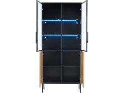 Vitrina con puertas de cristal, 180 cm, con LED, estantes regulables, MDF, negro y roble (74x31x180 cm)