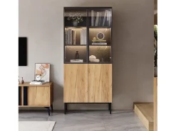 Vitrina con puertas de cristal, 180 cm, con LED, estantes regulables, MDF, negro y roble (74x31x180 cm)