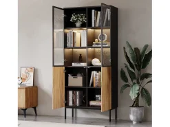 Vitrina con puertas de cristal, 180 cm, con LED, estantes regulables, MDF, negro y roble (74x31x180 cm)