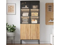 Vitrina con puertas de cristal, 180 cm, con LED, estantes regulables, MDF, negro y roble (74x31x180 cm)