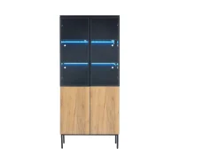 Vitrina con puertas de cristal, 180 cm, con LED, estantes regulables, MDF, negro y roble (74x31x180 cm)