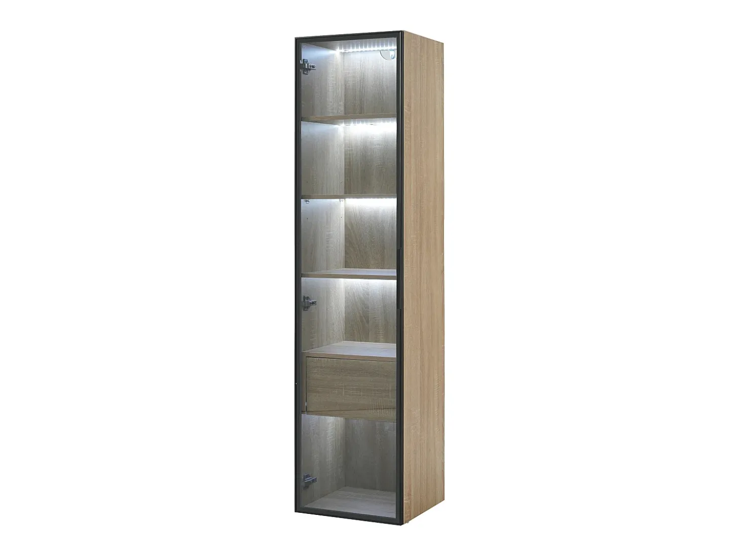 Vitrina con tira LED, puerta de cristal y cajón - Luz natural