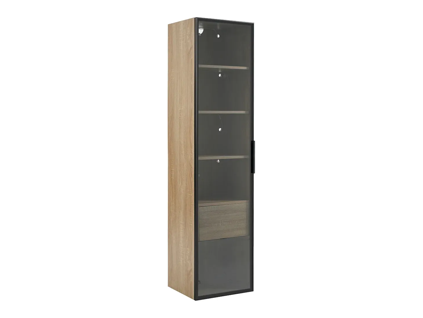 Vitrina con tira LED, puerta de cristal y cajón - Luz natural