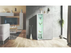Vitrina Davos, vitrina independiente con 3 estantes de cristal y 8 compartimentos incl. LED, blanco mate/hormigón oxidado (71,5 x 134 x 35 cm)