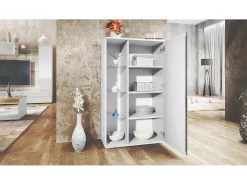 Vitrina Davos, vitrina independiente con 3 estantes de cristal y 8 compartimentos, blanco mate/blanco de alto brillo (71,5 x 134 x 35 cm)