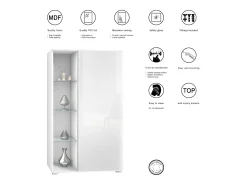 Vitrina Davos, vitrina independiente con 3 estantes de cristal y 8 compartimentos, blanco mate/blanco de alto brillo (71,5 x 134 x 35 cm)