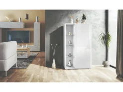 Vitrina Davos, vitrina independiente con 3 estantes de cristal y 8 compartimentos, blanco mate/blanco de alto brillo (71,5 x 134 x 35 cm)