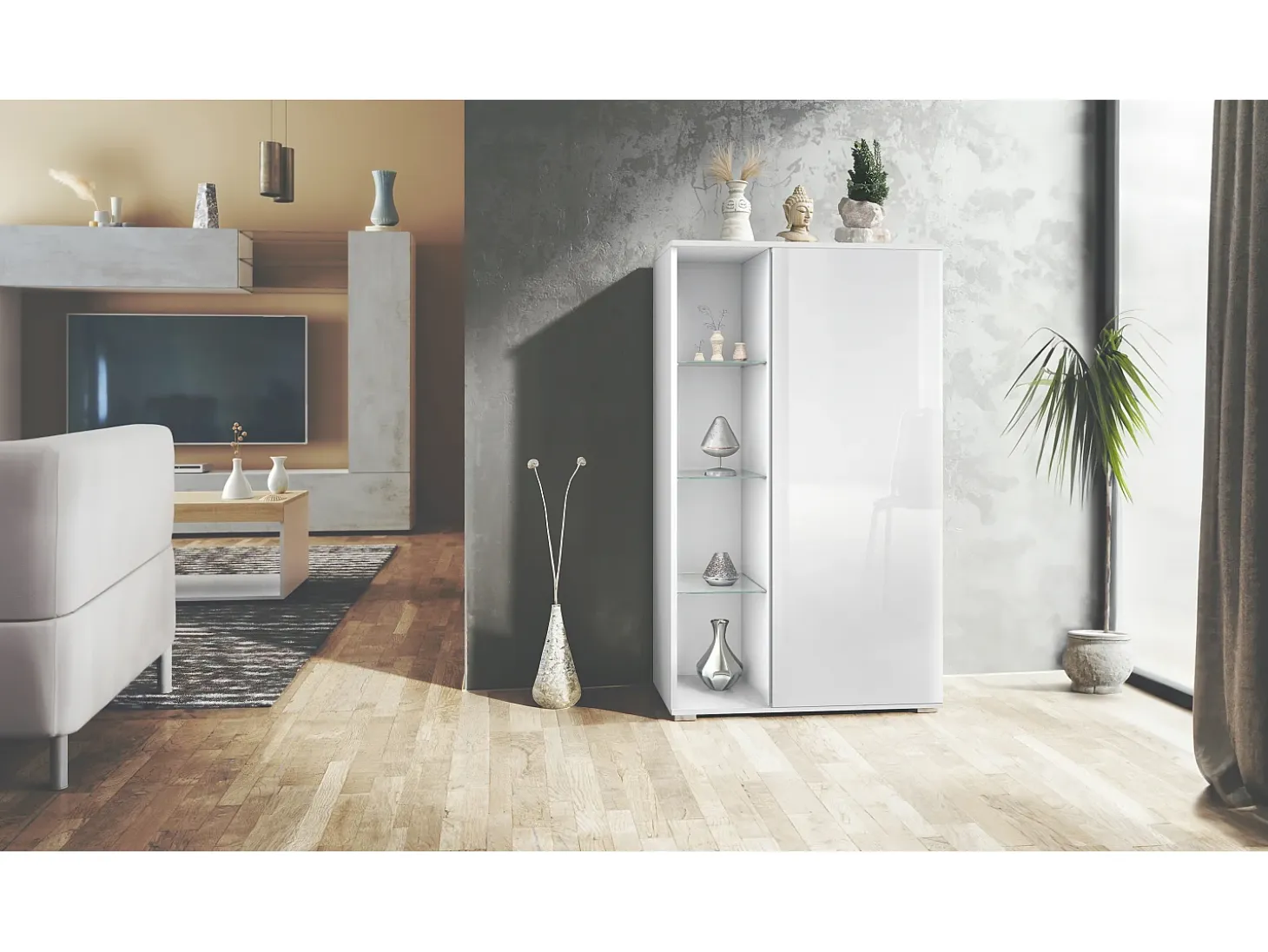 Vitrina Davos, vitrina independiente con 3 estantes de cristal y 8 compartimentos, blanco mate/blanco de alto brillo (71,5 x 134 x 35 cm)
