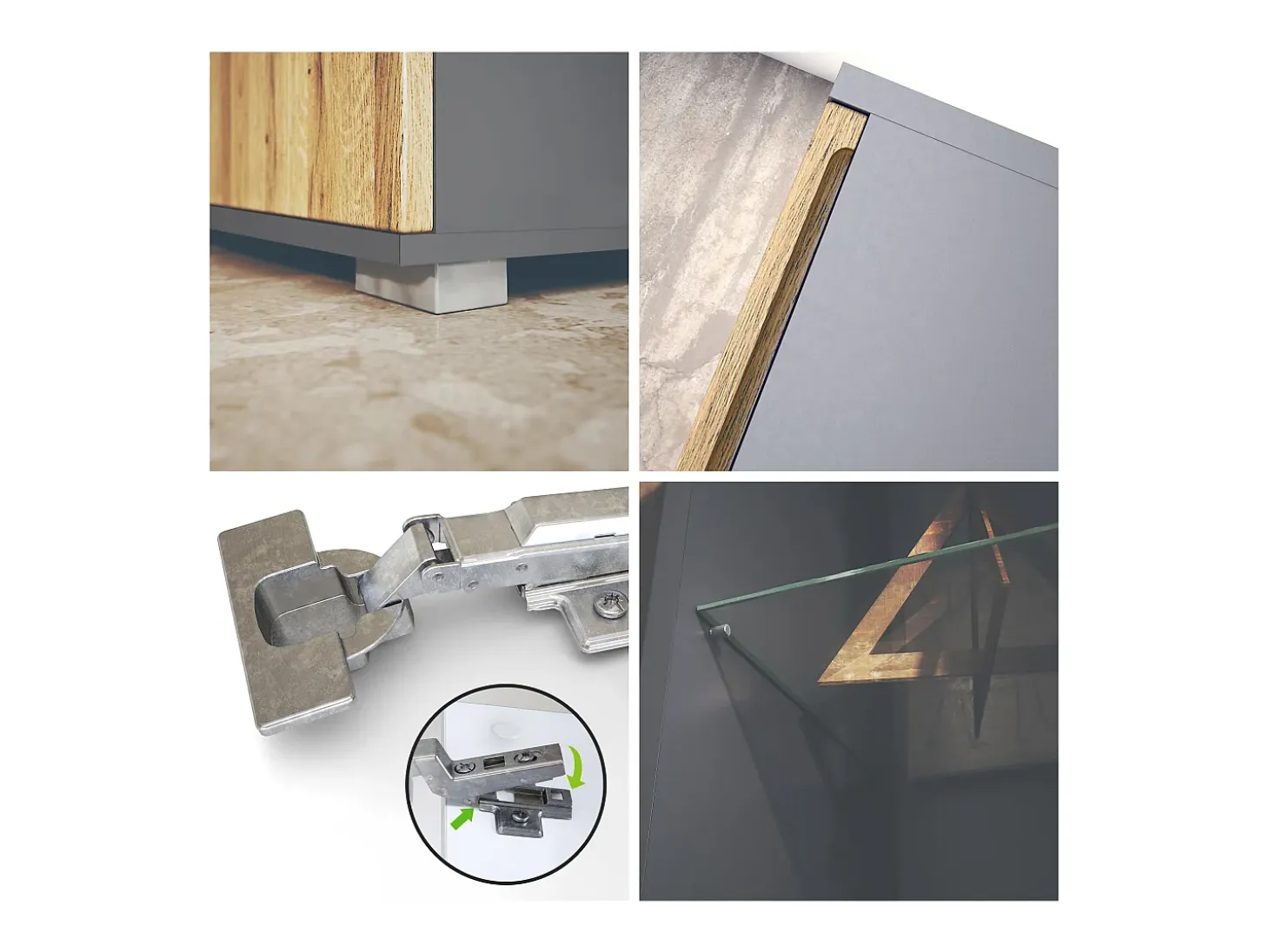 Vitrina Davos, vitrina independiente con 3 estantes de cristal y 8 compartimentos, antracita mate/gris arena de alto brillo (71,5 x 134 x 35 cm)