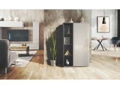 Vitrina Davos, vitrina independiente con 3 estantes de cristal y 8 compartimentos, antracita mate/gris arena de alto brillo (71,5 x 134 x 35 cm)