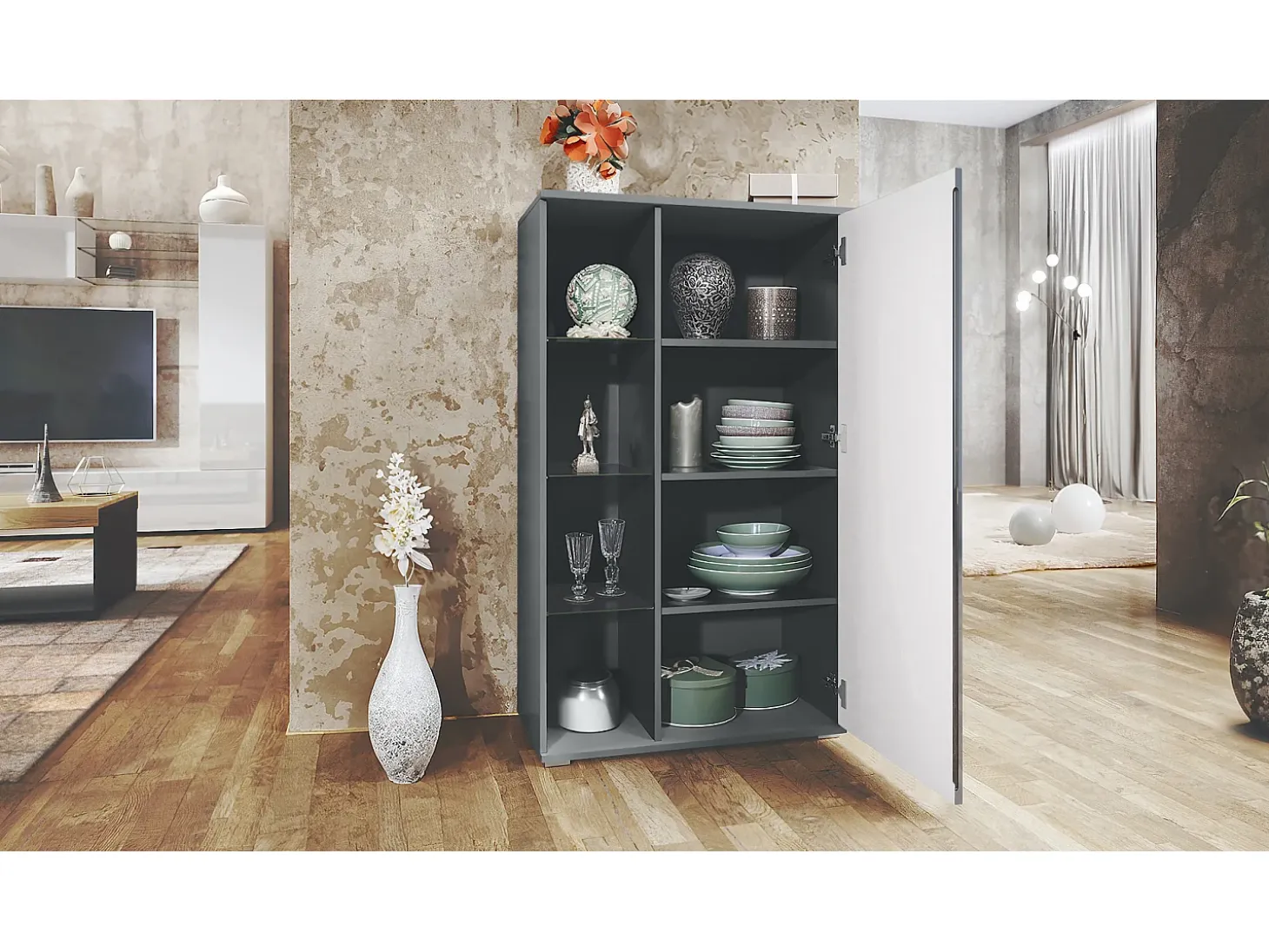 Vitrina Davos, vitrina independiente con 3 estantes de cristal y 8 compartimentos, antracita mate/hormigón oxidado (71,5 x 134 x 35 cm)