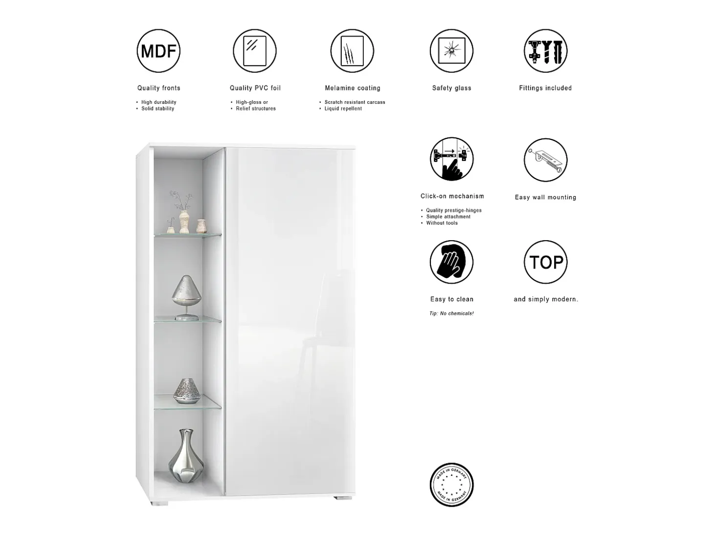 Vitrina Davos, vitrina independiente con 3 estantes de cristal y 8 compartimentos, blanco mate/blanco mate (71,5 x 134 x 35 cm)