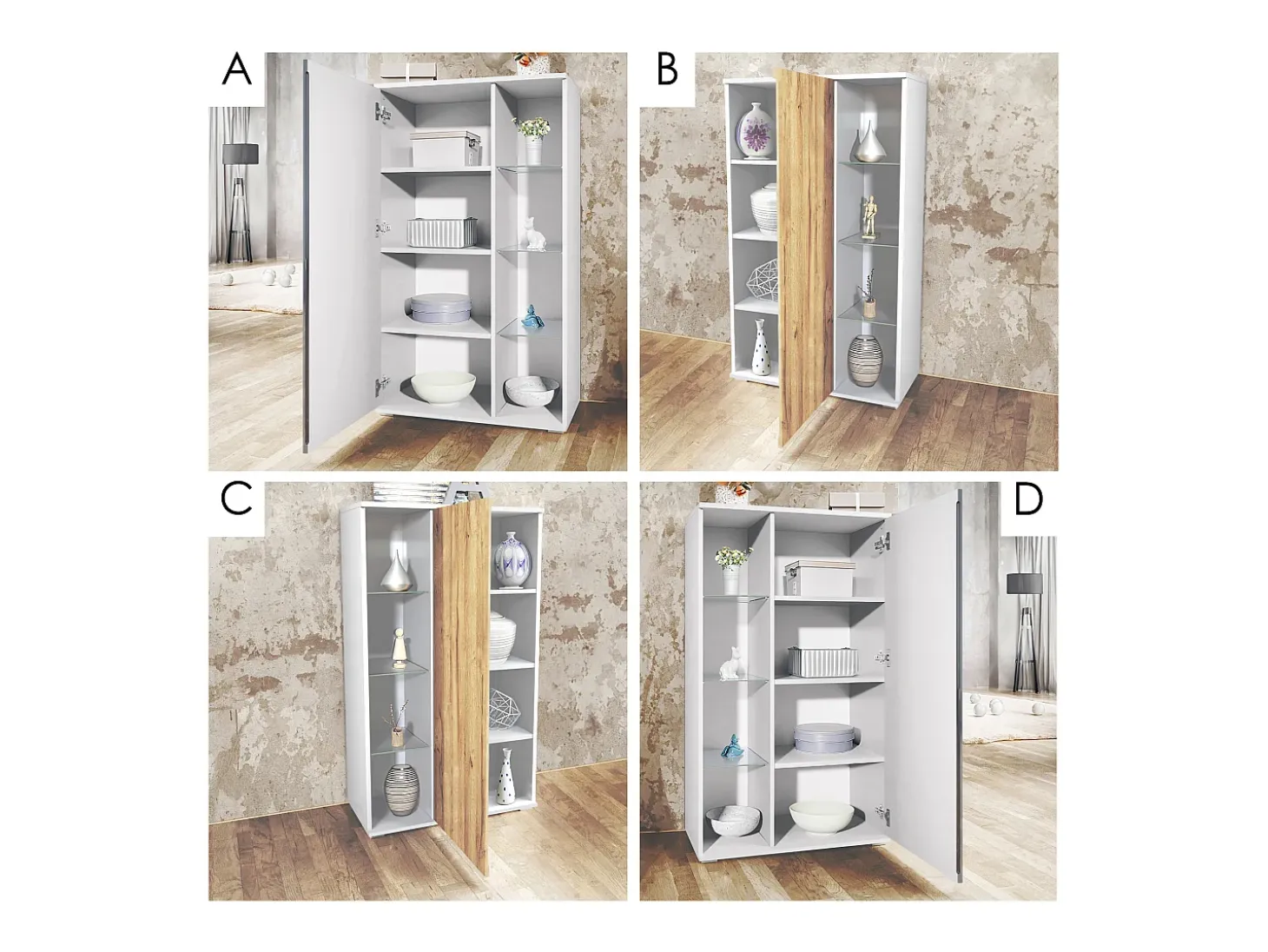 Vitrina Davos, vitrina independiente con 3 estantes de cristal y 8 compartimentos, blanco mate/blanco mate (71,5 x 134 x 35 cm)