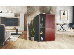 Vitrina Davos, vitrina independiente con 3 estantes de cristal y 8 compartimentos, antracita mate/burdeos de alto brillo (71,5 x 134 x 35 cm)