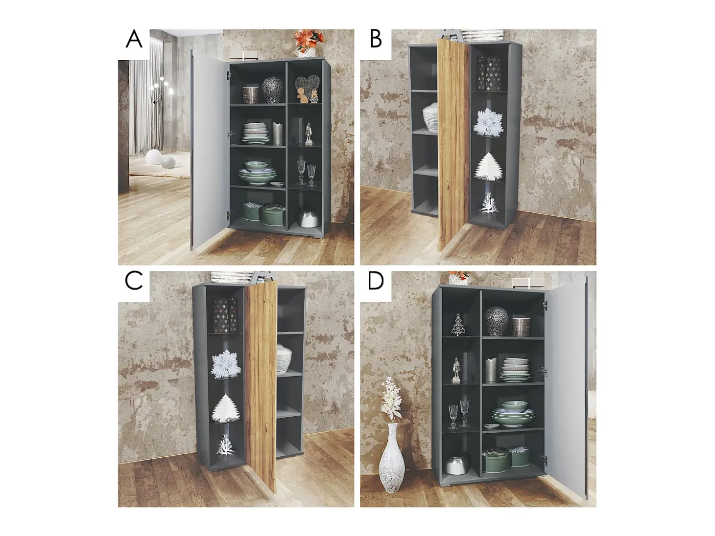 Vitrina Davos, vitrina independiente con 3 estantes de cristal y 8 compartimentos, antracita mate/roble natural (71,5 x 134 x 35 cm)