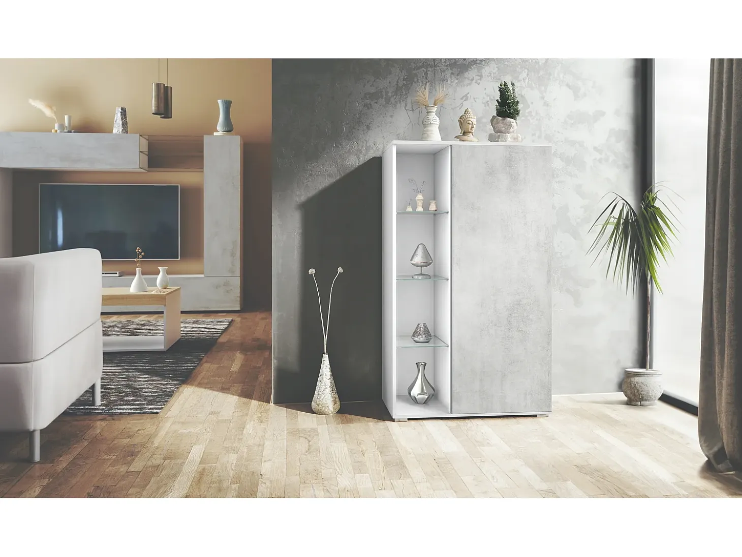 Vitrina Davos, vitrina independiente con 3 estantes de cristal y 8 compartimentos, blanco mate/hormigón oxidado (71,5 x 134 x 35 cm)