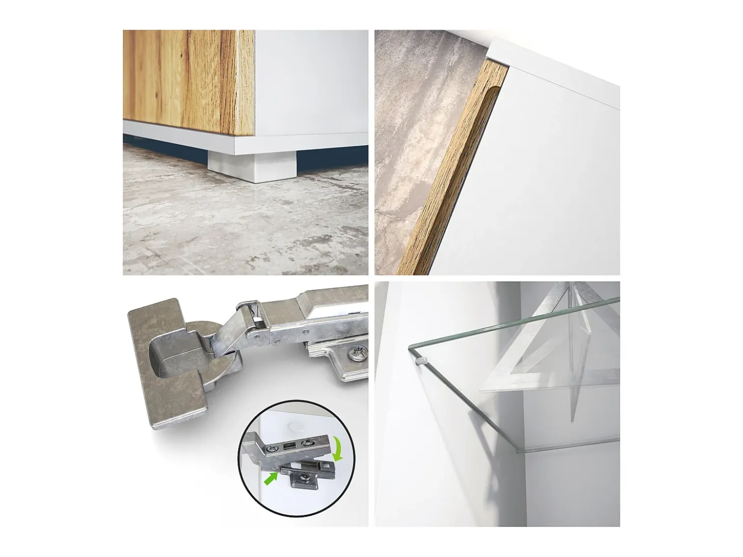 Vitrina Davos, vitrina independiente con 3 estantes de cristal y 8 compartimentos, blanco mate/hormigón oxidado (71,5 x 134 x 35 cm)