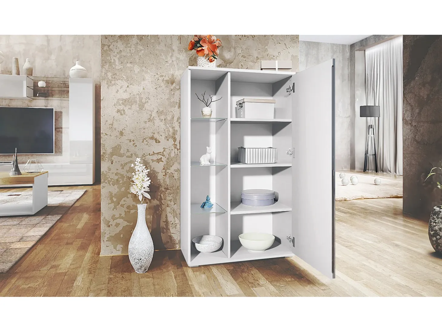 Vitrina Davos, vitrina independiente con 3 estantes de cristal y 8 compartimentos, blanco mate/hormigón oxidado (71,5 x 134 x 35 cm)