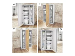 Vitrina Davos, vitrina independiente con 3 estantes de cristal y 8 compartimentos, blanco mate/hormigón oxidado (71,5 x 134 x 35 cm)
