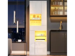 Vitrina de alto brillo 55x38x170 cm - 1 cajón y 4 puertas - con iluminación LED - Blanco