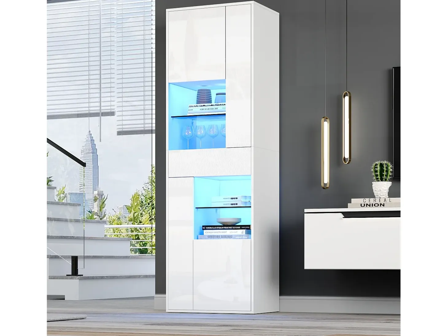 Vitrina de alto brillo 55x38x170 cm - 1 cajón y 4 puertas - con iluminación LED - Blanco