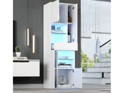 Vitrina de alto brillo 55x38x170 cm - 1 cajón y 4 puertas - con iluminación LED - Blanco