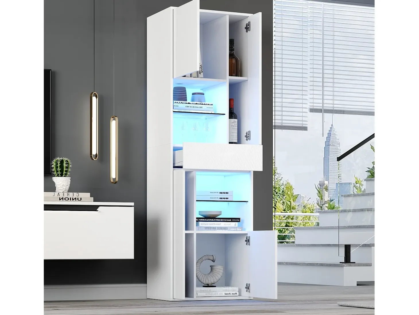 Vitrina de alto brillo 55x38x170 cm - 1 cajón y 4 puertas - con iluminación LED - Blanco